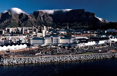 Aerial view of Table Bay Hotel and Table Mountain in the background